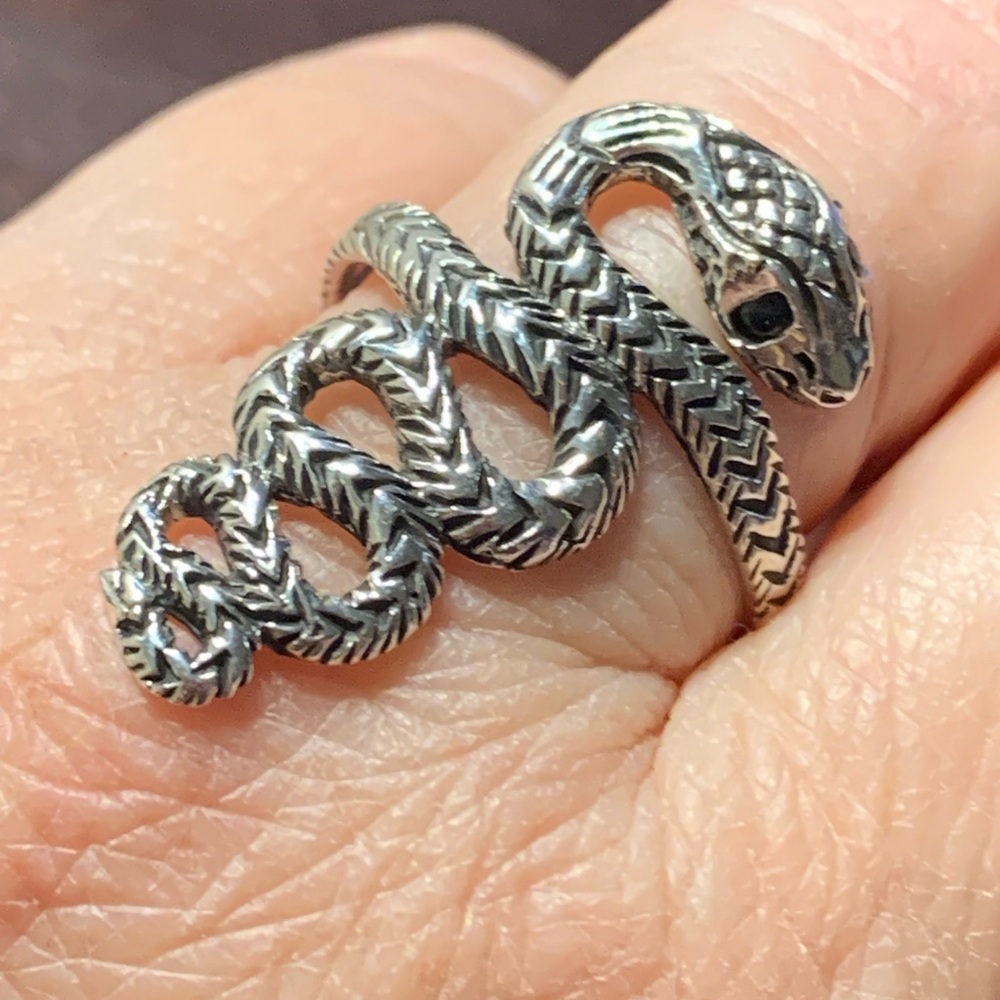 Long Sterling Snake Ring - Reptile Jewelry